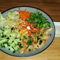 S3. Salad with Grilled Chicken Bowl · Grilled chicken, cilantro, carrots, cucumbers, lettuce, crushed peanut, fried onion