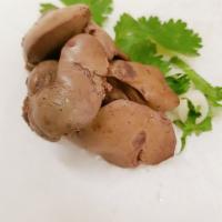 Organic Chicken Giblets · Boiled organic chicken liver and heart with side of  a ginger garlic dipping sauce.