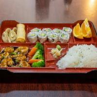 B4. Shrimp Teriyaki Bento Box · Served with miso soup, house salad, fried pork gyoza, spring roll, 8 pieces California roll ...