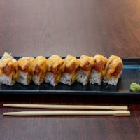 35. Mexican Roll · Spicy crawfish, avocado inside, snow crab & spicy tuna on top with spicy mayo