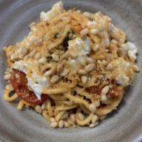 Spaghetti Alla Chitarra · Tomato Confit, Basil, Stracciatella, Pine Nuts