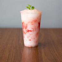 Pink Lychee · Blended refreshing tropical lychee slush swirled with freshly pureed strawberries