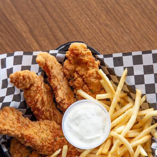 Chicken Tenders Combo · Four hand battered crispy chicken tenders. 
Served with your choice of rice and buttered corn or golden crispy fries