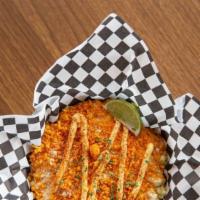 Cheddar Jalapeño Cheetos Elotes · Grilled corn topped with mayonnaise, cotija cheese, dusted with red chile powder and served ...