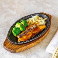 Salmon Teriyaki 살몬테리야끼 · Grilled salmon and vegetables with teriyaki sauce.