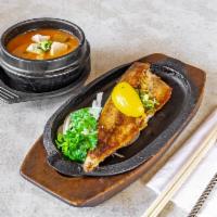 Grilled Mackerel and Soybean Paste Stew 고등어구이+된장(순두부,김치) · Grilled mackerel, soybean paste stew or beef soft tofu stew, or kimchi stew for an additiona...
