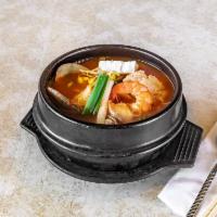Spicy Cod Fish Stew 대구매운탕 · Spicy Codfish Stew with Codfish, Clam, Shrimp, mussels and Tofu with Veggie in a hot traditi...