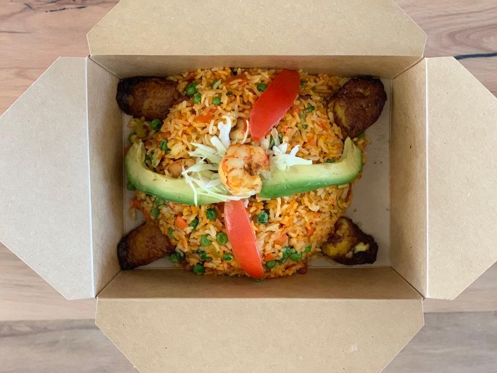 Arroz Colombiano · A blend of shrimp, sausage, and rice cooked in R.E.'s tomato blend and achiote, celery, onions, red bell peppers, carrots, cilantro, garnished with maduros.