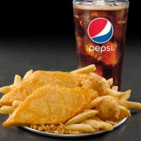 2 Piece Fish Combo · 2 pieces of wild-caught Alaska Pollock, hand-battered in our signature batter, and 2 Hushpup...