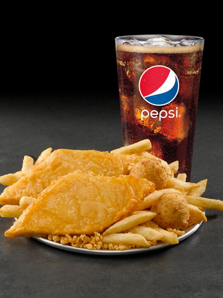 2 Piece Fish Combo · 2 pieces of wild-caught Alaska Pollock, hand-battered in our signature batter, and 2 Hushpuppies. Served with 1 Side, and a Drink.