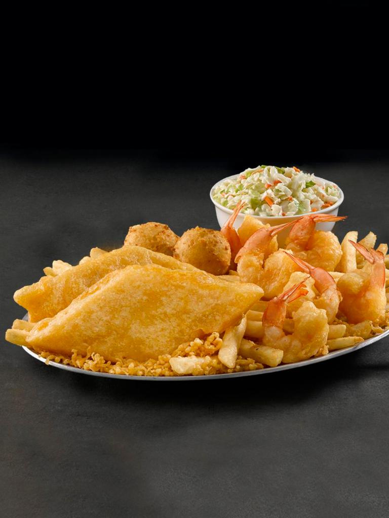 Fish & Shrimp Platter · 2 pieces of wild-caught Alaska Pollock and 6 pieces of Shrimp, hand-battered in our signature batter. Served with 2 Hushpuppies and 2 Sides.