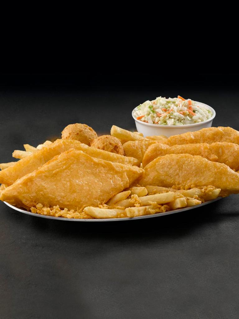 Fish & Chicken Platter · 2 pieces of wild-caught Alaska Pollock and 3 pieces of all-white meat Chicken, hand-battered in our signature batter. Served with 2 Hushpuppies and 2 Sides.