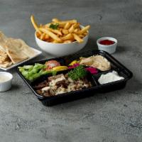 Beef Shawerma Plate · Marinated and flame broiled USDA choice beef served with french fries or rice, salad, hummus...
