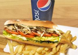 Chicken Pressed Panini Combo · Rotisserie chicken, lettuce, tomato, garlic sauce and pickles. Includes french fries and sof...