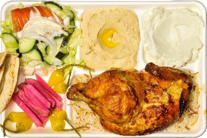 1/2 Chicken Plate · 1 half rotisserie chicken served with french fries or rice, salad, hummus, garlic sauce, pickles and 2 pieces of pita bread.