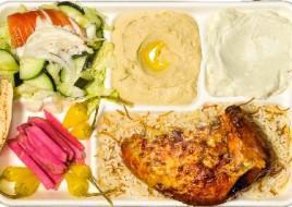 Quarter White Plate · Rotisserie chicken breast and wing served with french fries or rice, salad, hummus, garlic s...