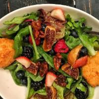 Fancy Salad · Fig and fresh berries salad with organic mixed greens, candied walnuts, warm crispy goat che...
