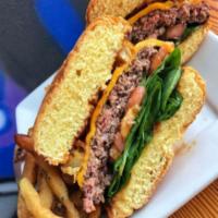 Old Time Burger · Beef or turkey char grilled with grilled onions, tomato, greens. With cheddar cheese and the...