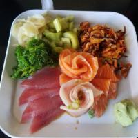 Sashimi Moriawase · 16 pieces of Assorted Sashimi. Served with Omakase Bar Salad (Seaweed Salad, Cucumber Salad,...