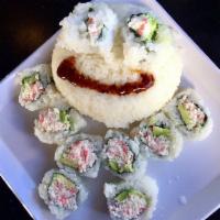Kids Cali Roll · 8-10pc Crab with Avocado Roll, Served with a Side of Rice. Beverage Included