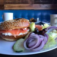 Lox Sandwich · Nova lox on a toasted bagel of choice with cream cheese, tomato, onion, cucumber, capers and...
