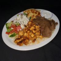 Mixed Gyro Platter · Chicken gyro and lamb gyro. Served with rice, Greek salad, pita, and tzatziki sauce.