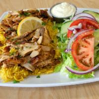 Chicken Shawarma Plate · Chicken shawarma meat and Garlic  sauce. served with rice and salad