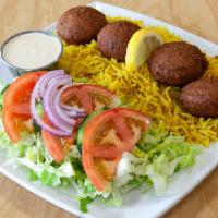 Falafel Plate · Falafel and tahini sauce. Served with rice and  salad