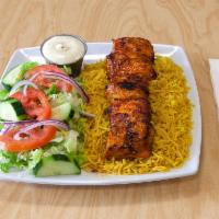 Chicken Kabob Plate · Chicken kabob and garlic sauce. Served with rice and  salad