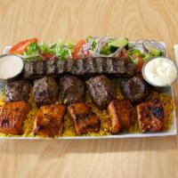 Mixed Grill Plate · Chicken, kafta and lamb kabob with garlic sauce.served with rice and green salad