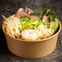 Combo Pho (two proteins) · Beef based broth served with pho noodles, fresh basil, onions, cilantro, beansprouts, lime a...