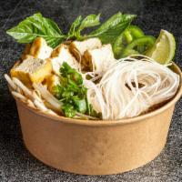 Tofu Pho (Vegetarian) · 6 Veggies VEGAN BROTH with onions, cilantro, and side of basil, beansprouts, jalapeños, and ...