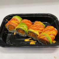 Godzilla Roll · Spicy salmon, cucumber topped with salmon and avocado. Raw.