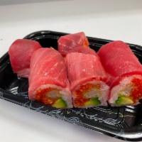 Tuna Attack Roll · Shrimp tempura, spicy tuna and avocado wrapped with soybean paper, topped with tuna and wasa...