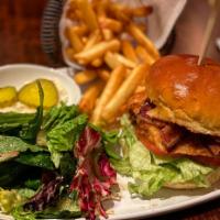 Columbus Circle Burger · Smoked Gouda cheeseburger with organic Angus beef, bacon, sliced avocado tomatoes, lettuce, ...