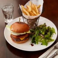 The Corner  Burger · Cheeseburger with organic Angus beef, caramelized onions, tomatoes, lettuce pickles and home...