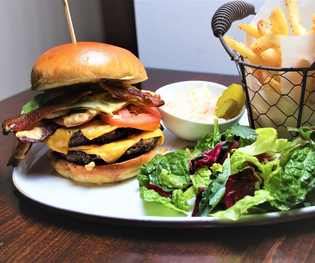 5 Hills  Burger · Double stack cheeseburger choice of cheese applewood smoked bacon, tomatoes, lettuce, pickles and homemade sauce.
