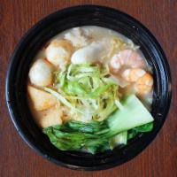 Seafood Ramen · Ramen noodle soup with shrimp, fish ball, fish tofu, fish slices and vegetable in Pork bone ...