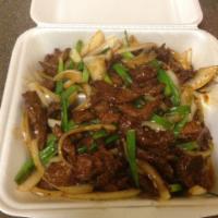 Mongolian Beef · Served with steamed or fried rice. Hot and spicy.