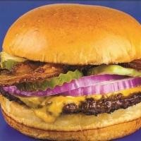 Bacon Cheeseburger · 1/4 pound prime Angus patty, American cheese, bacon, ketchup, mustard, mayo, red onion and p...