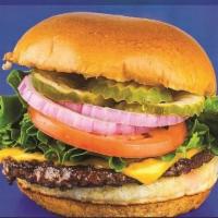 Classic Burger · 1/4 pound prime Angus patty, American cheese, lettuce, tomato, ketchup, mustard, mayo, red o...