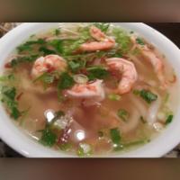 Udon Noodles Shrimp Soup · Banh canh or mien ga. Served with udon flat noodle soup.