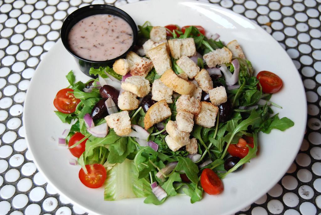 Gino's House Salad · Romaine, arugula, cherry tomatoes, red onions, Kalamata olives, croutons and choice of dressing.
