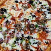 IDK Special Pizza · Pepperoni, meatball, sausage, onions, peppers, mushrooms and olives.