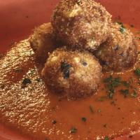 Shrimp Crab Fritters · Risotto fritters, shrimp, crab, roasted tomato coulis sauce. (Fritters contain crab, shrimp,...