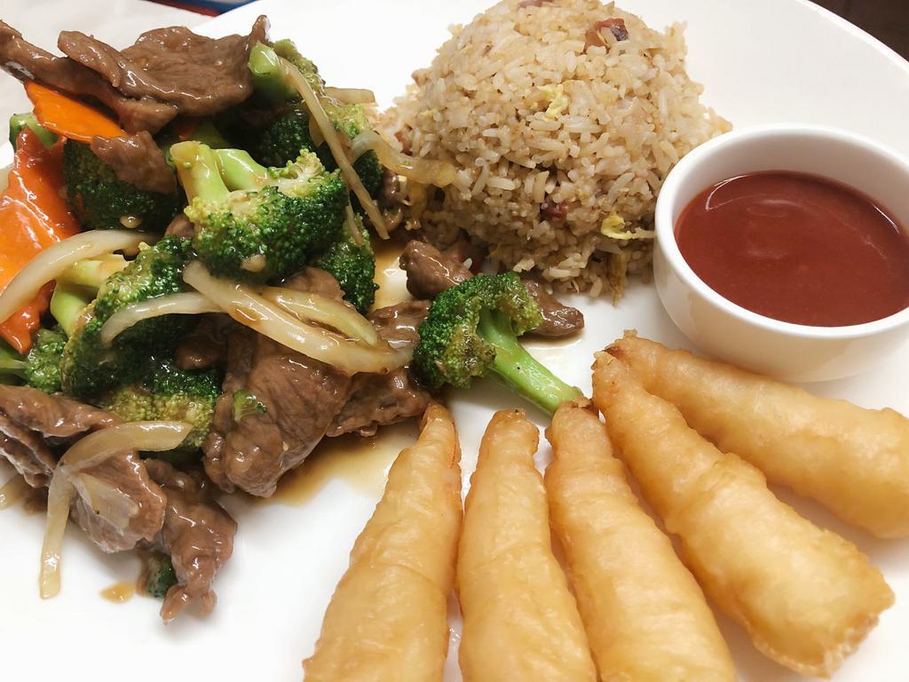 Combination Meal No. 8 · Broccoli beef, pork fried rice and fried shrimp.