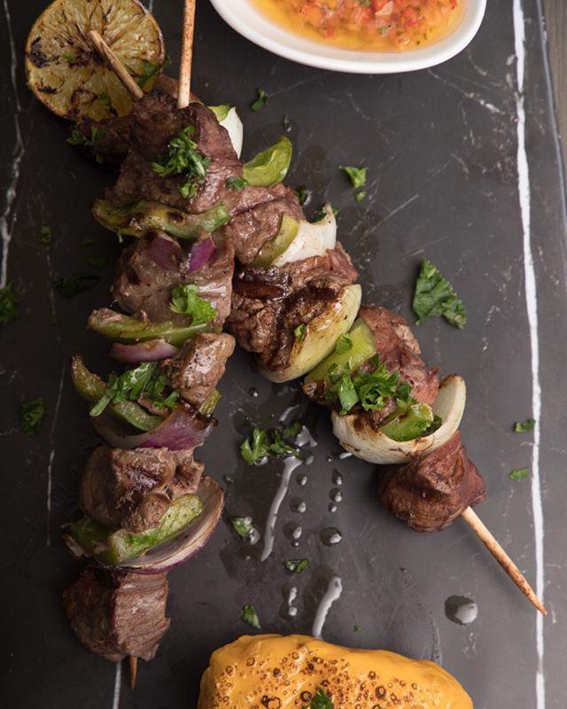 Sirloin Brochetas · Tender steak dices marinated in mojo sauce with French fries