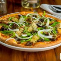 Primavera Pizza · Tomato sauce, mozzarella, onion, black olives, fresh mushrooms, green peppers, artichoke and...