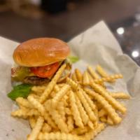 Cheeseburger · 1/2 lb Tomato, onion, lettuce, pickle, ketchup, mustard and mayo. FRIES INCLUDED