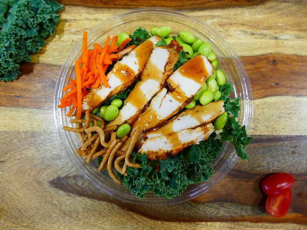 Asian Sesame Bowl · Grilled chicken breast, chow mein, edamame, kale, red cabbage, carrots and a side of Asian Sesame Dressing